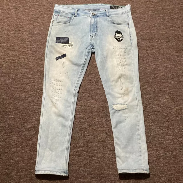 Philipp Plein Illegal Fight Club Straight Cut Distressed Jeans 36 Skull Pockets