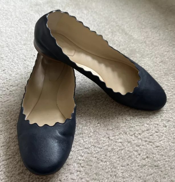 Chloe Lauren Ballet Flats Womens 8/38 Navy Leather Scalloped Shoes