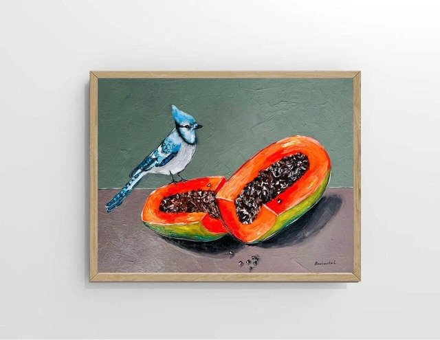 Blue Jay Painting Papaya Painting Fruit Art Oil Painting Birds Bodegón Pequeño