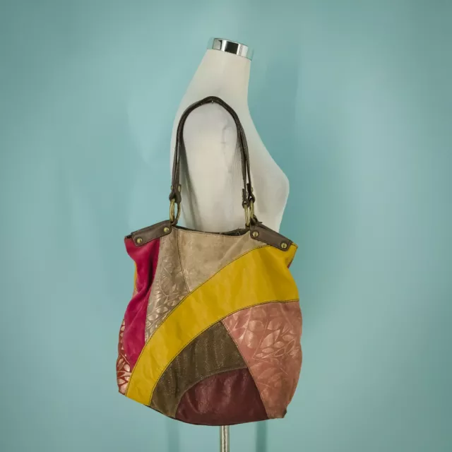 Fossil Leather Suede Lyla Patchwork Shoulder Bag Handbag Purse Satchel Hobo Pink