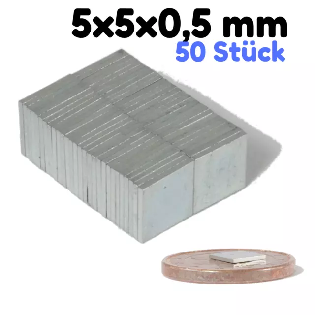 50x Neodym Magnet Quader 5x5x0,5 mm N50 super stark flach dünn mini verzinkt