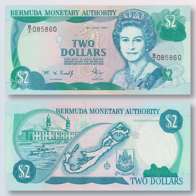 Bermuda 2 Dollars, 1997, P40Ab / B214b (QE2, Seahorse, Sea Anenome)  | UNC
