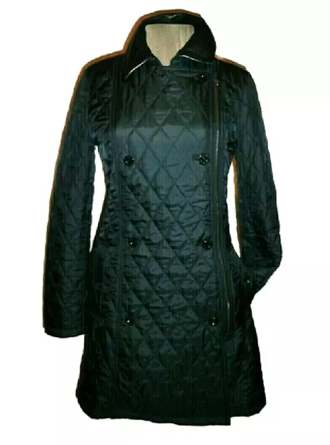 BURBERRY ~ Black REAL leather accent padded quilted long coat - sz:S * AUTHENTIC