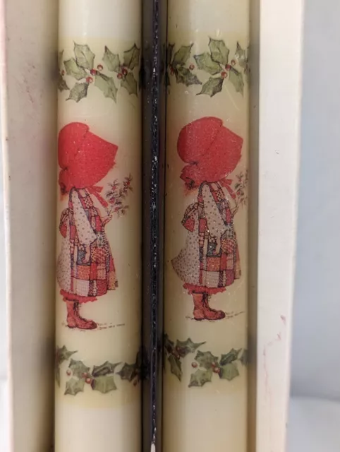 1979 HOLLY HOBBIE TAPER CANDLE SET in box red dress Christmas holly 12" candles