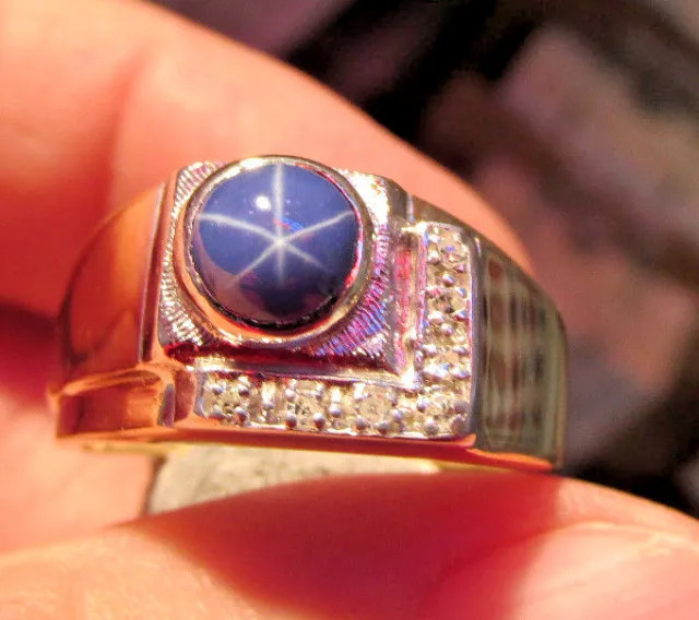 Men's Linde  Synthetic Blue Star Sapphire & Diamond Ring 14k  Gold size  9-1/2