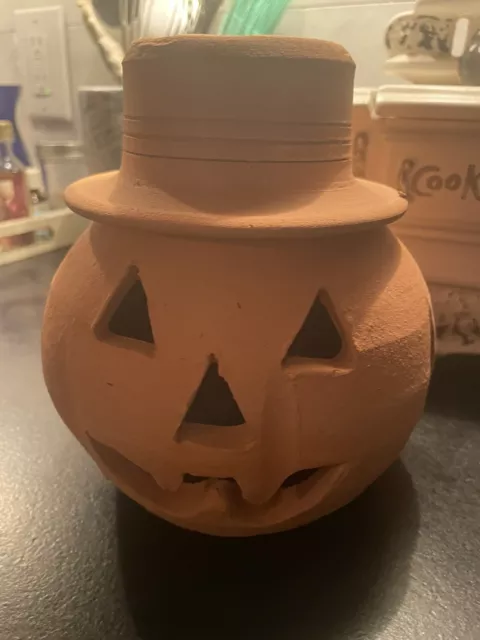 Vtg 6” Hewell Style Pottery Terracotta Clay Jack- O'-Lantern Pumpkin Halloween
