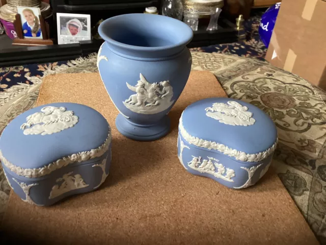 Wedgwood Blue Jasper Ware 3 Pieces,Pair Of Kidney Shaped Lidded Trinkets +Urn.