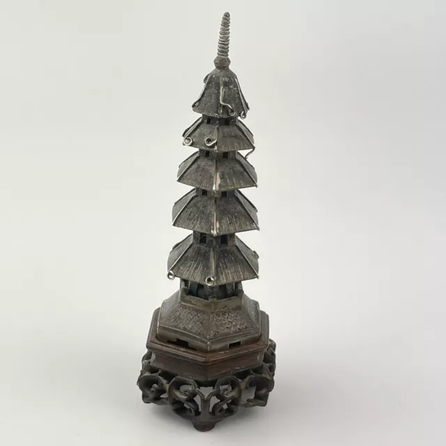 Antique Solid Silver Chinese Pagoda On Carved Wooden Base By Cumwo Late 19thC 3