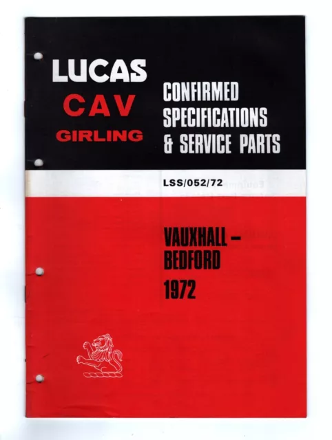 Lucas Parts List Catalogue  1972 Vauxhall - Bedford  LSS/052/72