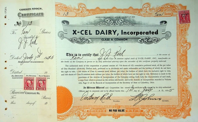 X-Cel Dairy Company Stock Certificate Bond Scripophilly Akron Ohio 1935 No 13 Y