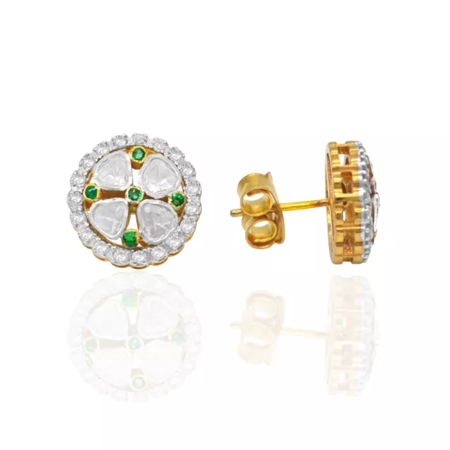 925 Sterling Silver 18k Gold Plated Natural Emerald Diamond Polki Studs Tops