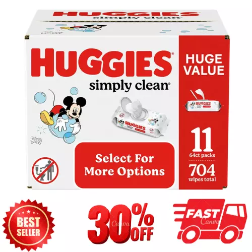 Huggies Simply Clean Unscented Baby Wipes, 11 Pack, 704 Total Ct (Select for Mor