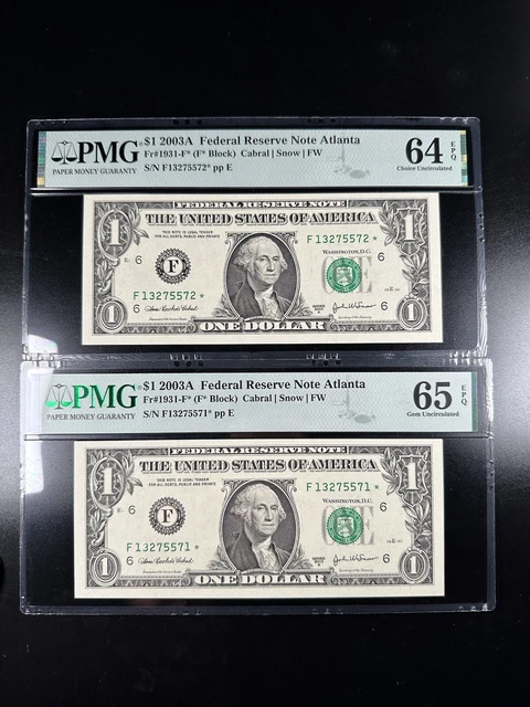 Lot of 2 Consecutive Star Federal Reserve Notes PMG 65 and 64 EPQ fr 1931-F* ATL
