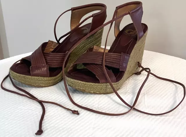 Gianni Bini ankle lace wrap up wedge espadrille sandals 7.5 chestnut brown