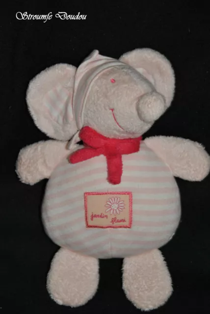 Peluche Doudou Souris Rose Blanc Tape à L'oeil TAO Rayé Jardin Fleuri 24 cm TTBE