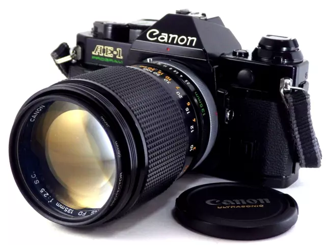 [N MINT] Canon AE-1 PROGRAM 35mm SLR Film Camera Black +FD 135mm f2,5 Lens JAPAN