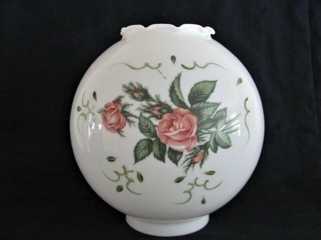 WHITE MILK GLASS BALL SHADE BANQUET PARLOR GWTW HAND PAINTED ROSES 9" across