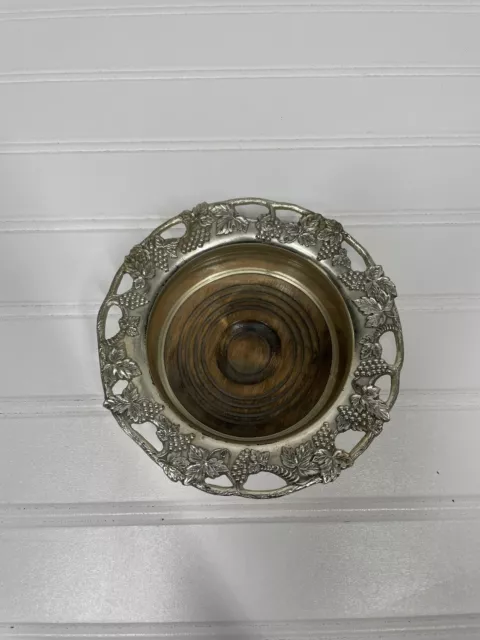 Antique Silver Plated Wine Bottle Coaster W/ Grape & Leaf Design