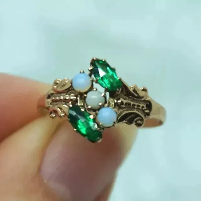 Vintage Style 2 Ct Emerald/Opal Lab Created Wedding Ring 14K Yellow Gold Plated
