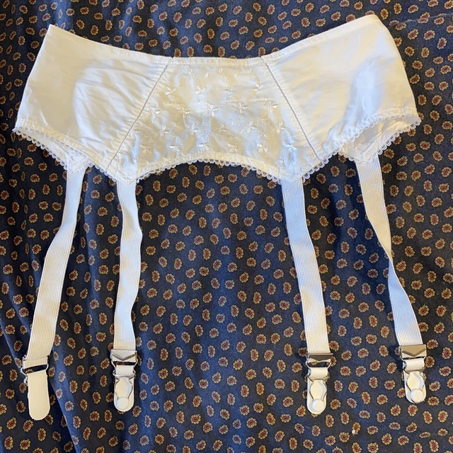 Vintage NOS Garter Belt suspenders Metal Clips White floral embroidered Sz 24