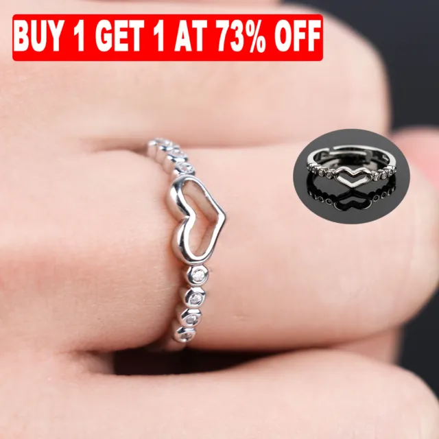 Pink Heart Adjustable Ring 925 Sterling Silver Womens Girls