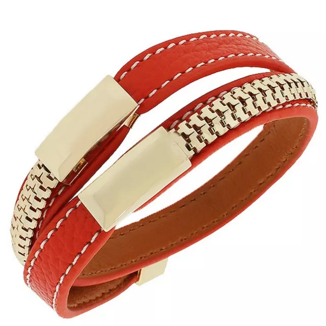 Red Leather Rose Gold Tone Chain Double Row Wristband Womens Bracelet