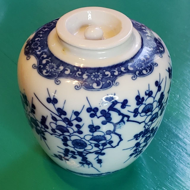 JAPANESE GINGER JAR Blue and White Cherry Blossoms Porcelain Ginger Jar