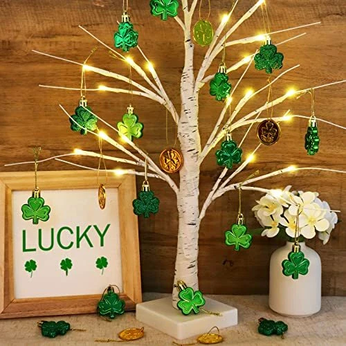St Patricks Day Decorations 23.2" Lighted Birch Tree with 36pcs Shamrock Orna...