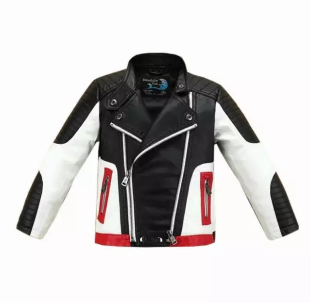 Giacca In Pelle Bambini Ragazzi Ragazze Moto Cappotto Biker Cerniera Colore Blocco Outwear