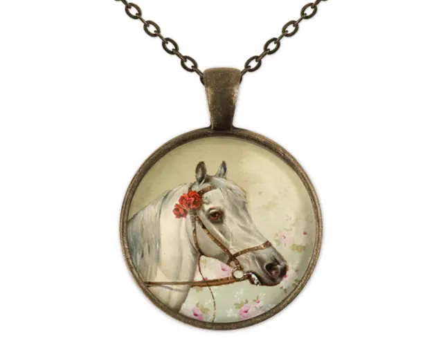 Horse Art Glass Pendant Necklace Bronze New 20 Inch Chain Cowboy Cowgirl Western