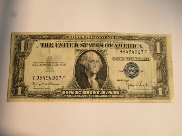 Vintage Series 1935 D Blue Seal One Dollar Silver Certificate Bill,