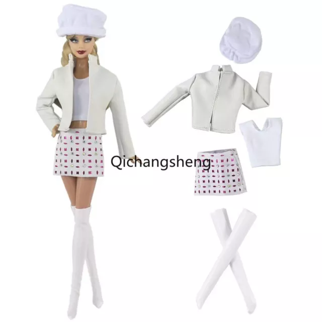 White Leather 11.5" Doll Clothes Set Outfits Jacket Coat Top Skirt Boots Hat 1/6