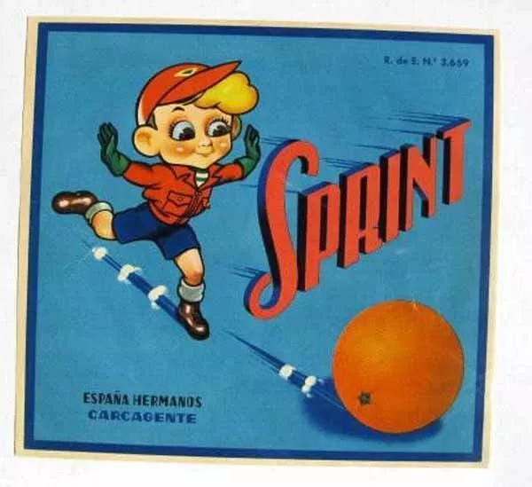 1960s Orange Fruit Crate Label from Spain Spanish Sprint Cartoon