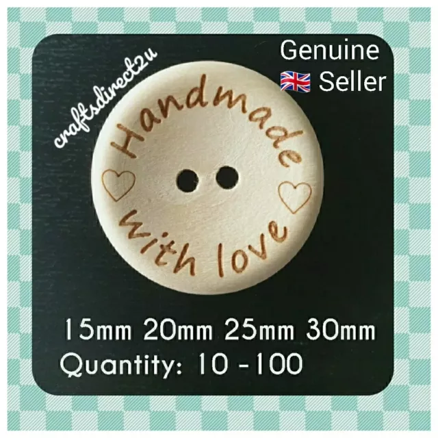 BUTTONS - Wood - HANDMADE WITH LOVE etch -  15mm - 20mm - 25mm - 30mm - Crafting