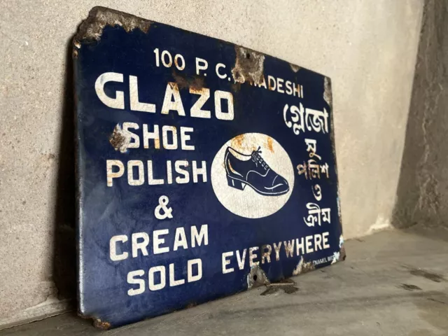 Vintage Glazo Shoe Polish & Cream Sold Everywhere Porcelain Enamel Sign Board 2