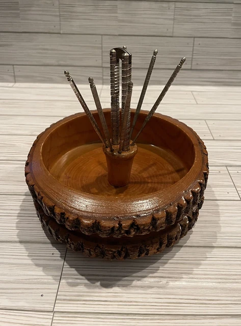 Vintage Wooden Bark Nut Cracker Set Bowl W/ Nutcracker & 6 Picks Rustic
