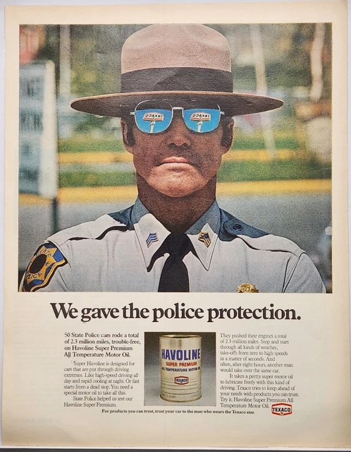 1972 Texaco Havoline Super Premium Motor Oil State Policeman Vtg Color Print Ad