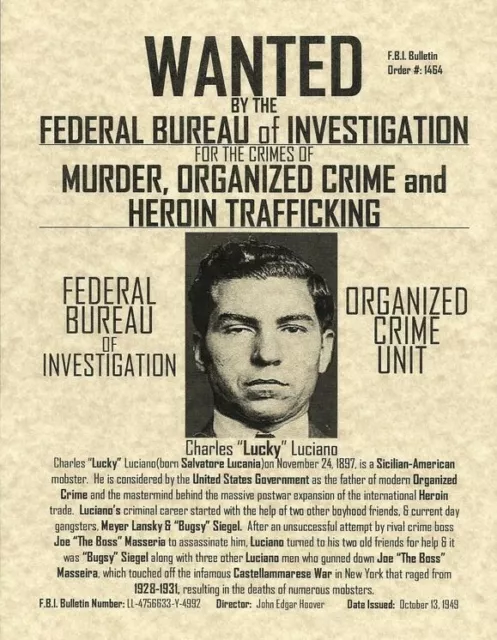 Lucky Luciano 8X10 Photo Mafia Organized Crime Mobster Mob Picture Wanted Poster