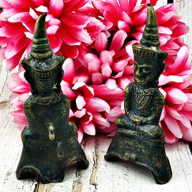 Ancient Bronze Ngung Ngan Statue Ayutthaya Buddha Meditation Thai Amulet #16818