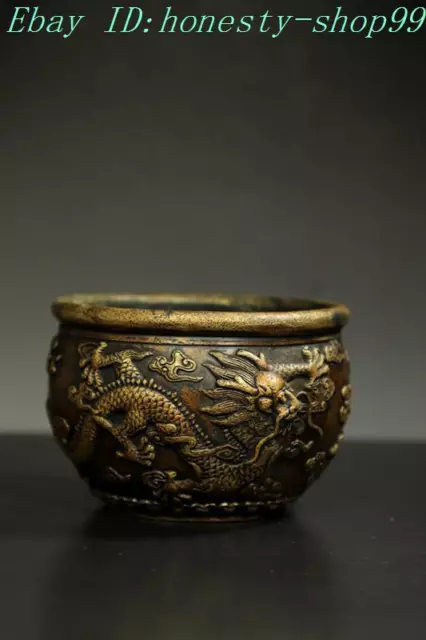 7.6" Marked old Chinese dynasty bronze dragon loong statue incense burner censer