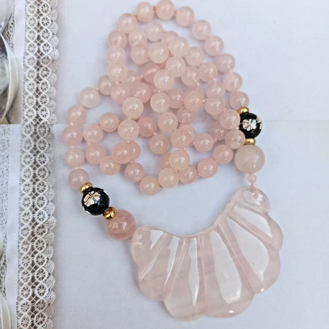 Vintage Natural Rose Quartz Necklace Long Cloisonne Beads Knotted Timeless VTG