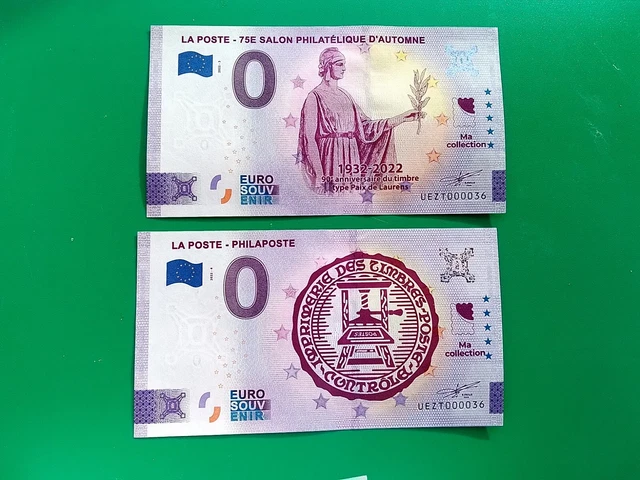 Billet 0 Euro UEZT LA POSTE PARIS Salon Philatélique 2022 paire petit numéro 37