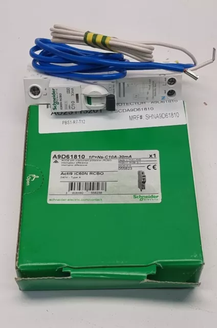 Schneider A9D61810 Acti9 iC60N RCBO 1P+N 10A 30mA Type A 6kA 240V Breaker RCCB