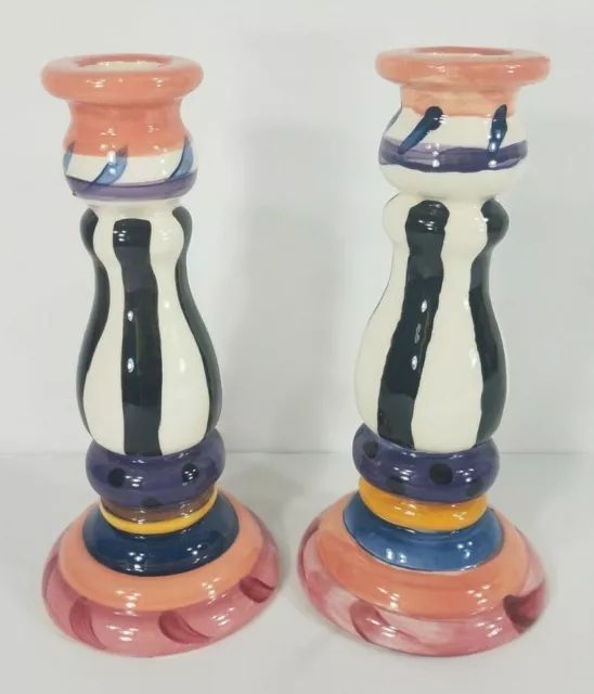 Set of 2 Vicki Carroll hand painted colorful ceramic candlesticks candle holders