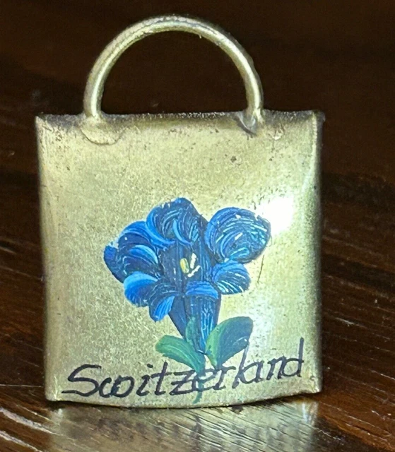 Vintage Small Brass Souvenir Bell from Switzerland painted blue alpine flower