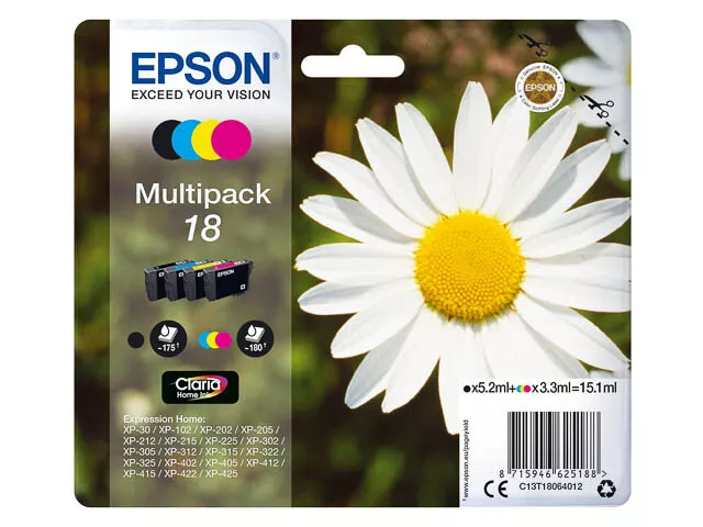 PACK 4 CARTOUCHE EPSON 18 NOIR + CYAN MAGENTA JAUNE / paquerette marguerite t18