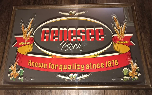 WOW  Genesee Beer Vintage Mirror - 25" x 17" - Wood Frame with Gold Trim Rare !!