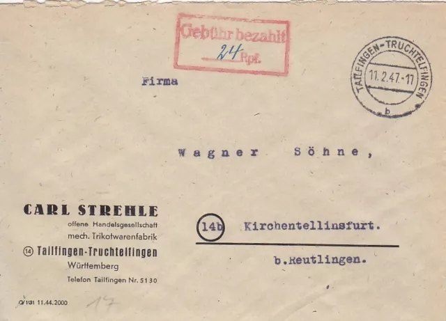 F.Zone - THAILFINGEN - TRUCHTELFINGEN - Gebühr bezahlt - Brief - 1947