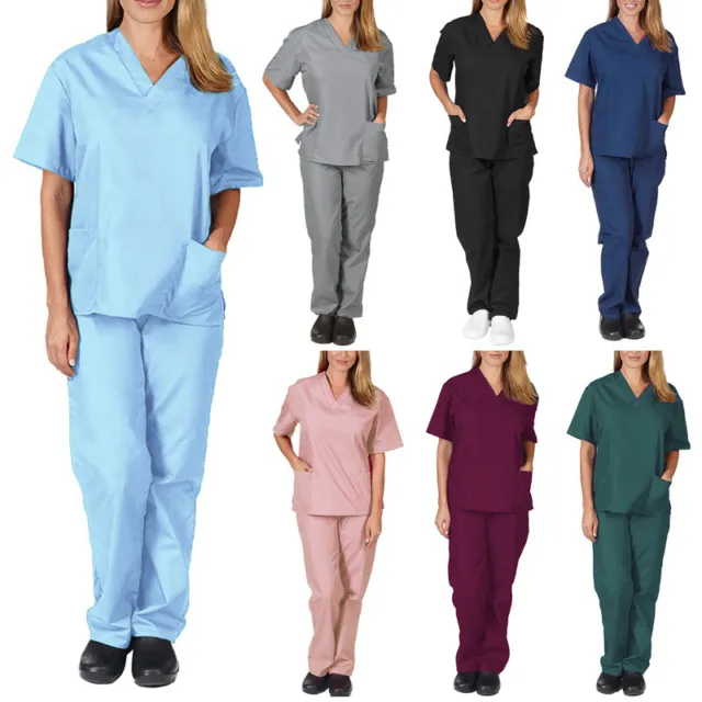 Women Men Scrub Uniform Top Pants Set Medical Hospital Nursing Scrubs V-Neck