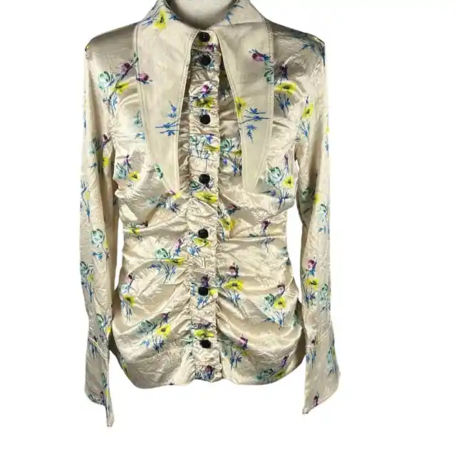 Ganni Floral Printed Ruched Crinkled Satin Shirt In Cream Nwt Women's Size Us 8